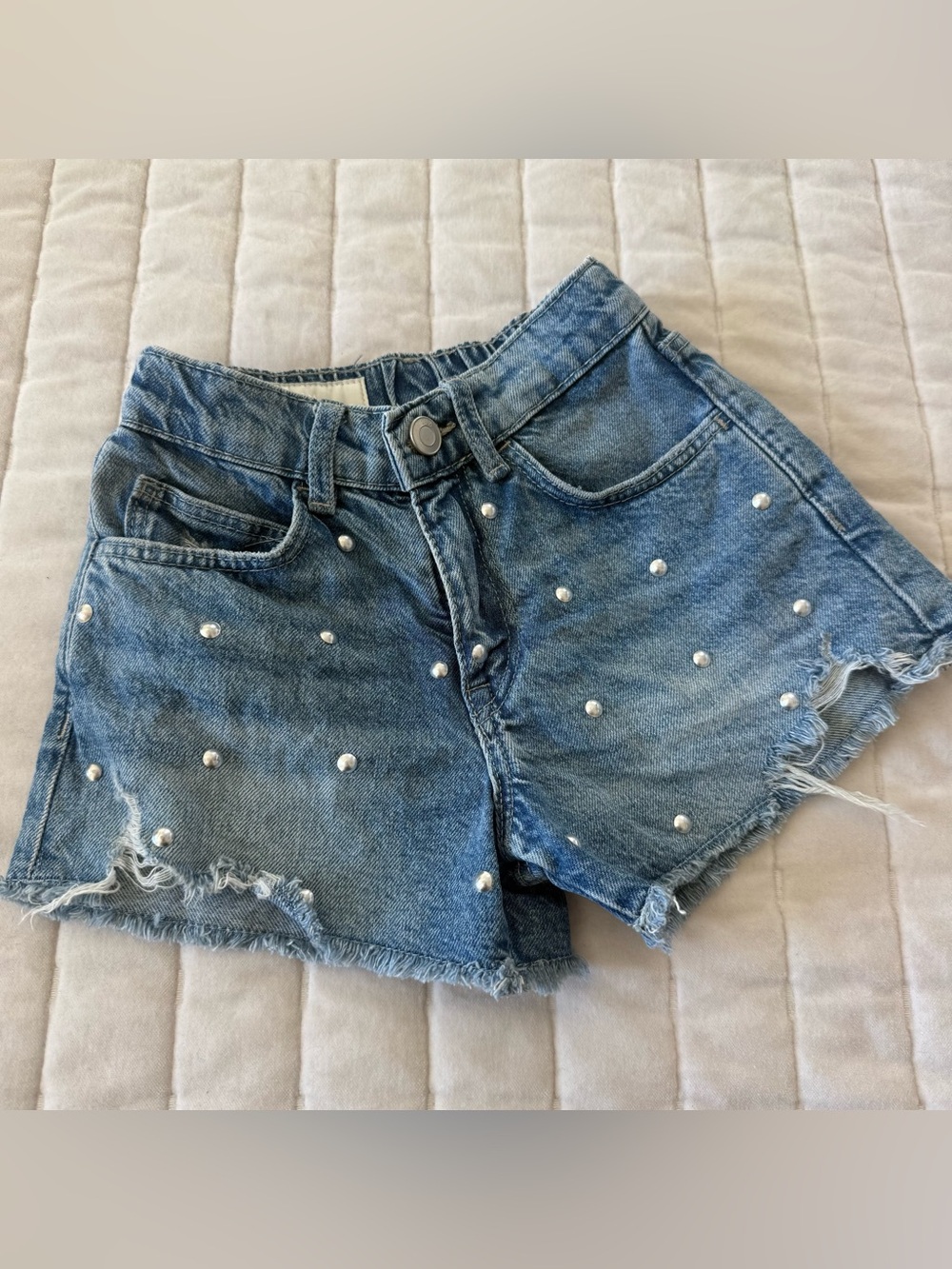 Zara GIRLS blue denim shorts with silver star studs adjustable waist size 6